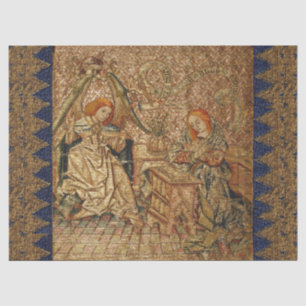 PAPIER MOUSSELINE ANNONCIATION BRODÉRIE D'OR BLEU ANTIQUE