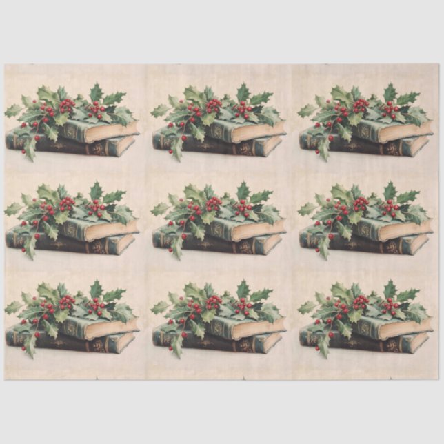 Papier Mousseline ANTIQUE BOOKS AND HOLLYBERRIES  Christmas Pattern (Recto)