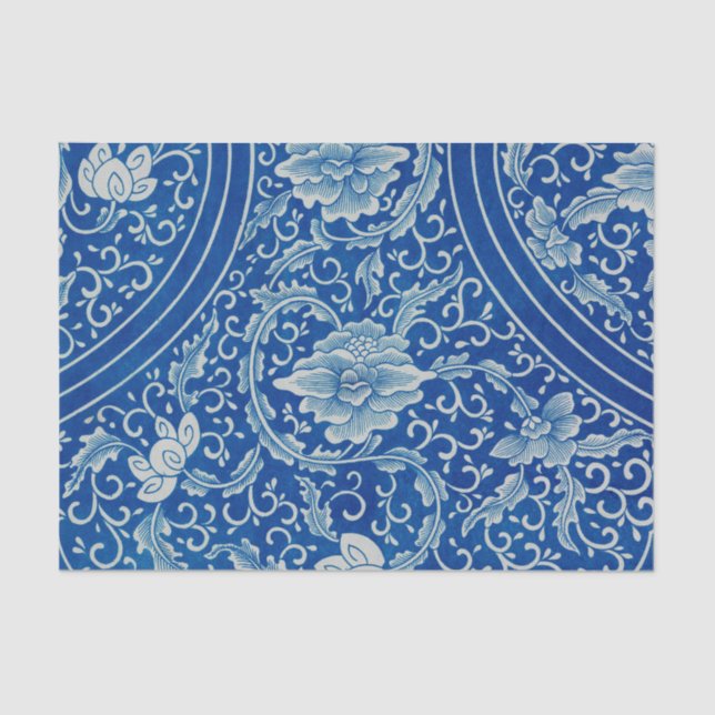 Papier Mousseline Antique classique chinois Floral Cobalt Blue Motif (Recto)