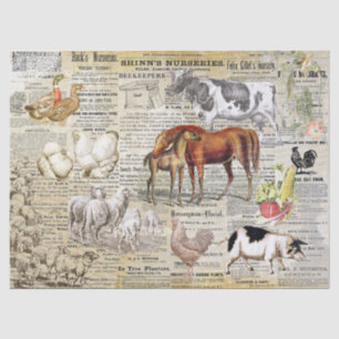 Papier Mousseline Antique Vintage Animaux de ferme Ephemera Beige