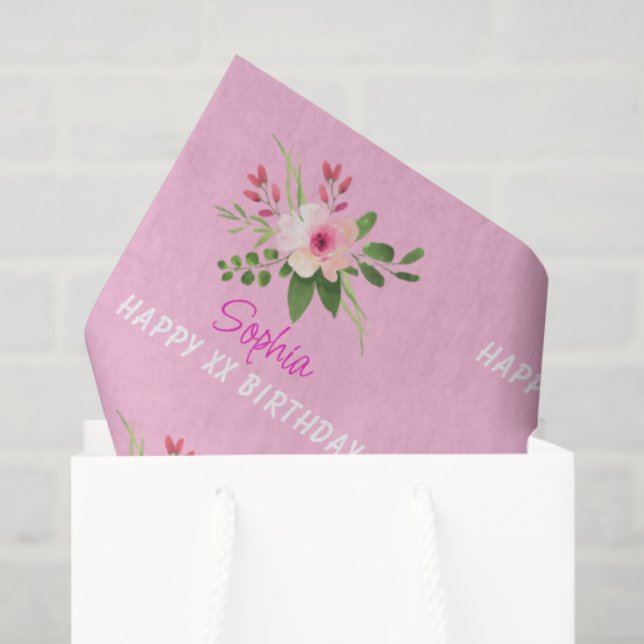 Papier Mousseline Any Birthday, Name, Pink Watercolor Flower (Sac cadeau)