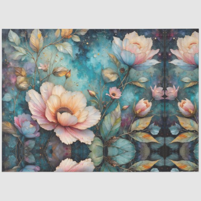 Papier Mousseline Apricot Floral Tapestry on Teal (Recto)