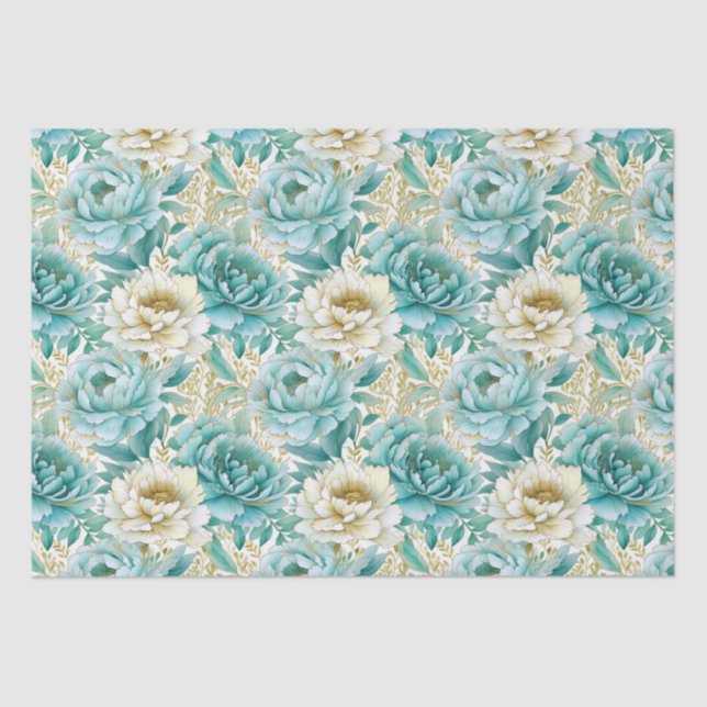 Papier Mousseline Aqua Mint White Floral Mariage (Recto)