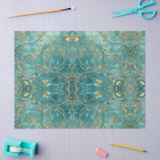 Papier Mousseline Aqua Pearlescent & Gold Mermaid Scale Pattern  (Artisanat)