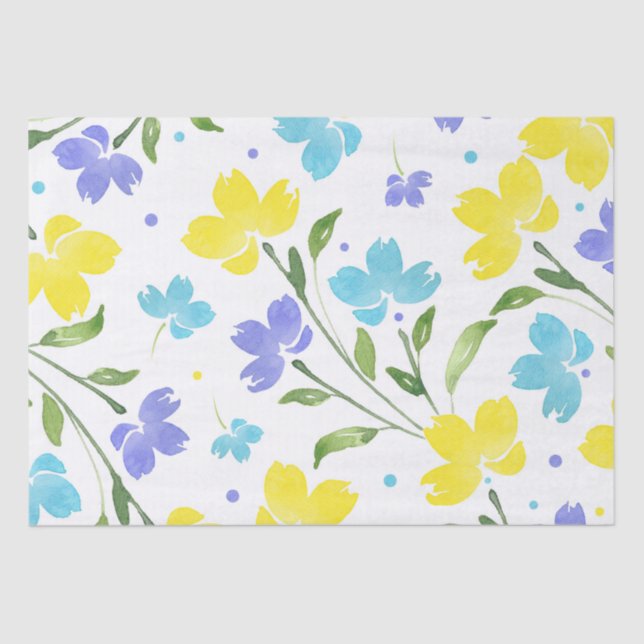Papier Mousseline Aqua Periwinkle Yellow Aquarelle tiges florales (Recto)