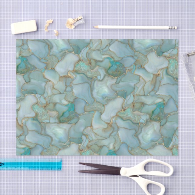 Papier Mousseline Aqua Teal Gold Watercolor Marbelized Sea Glass  (Artisanat)
