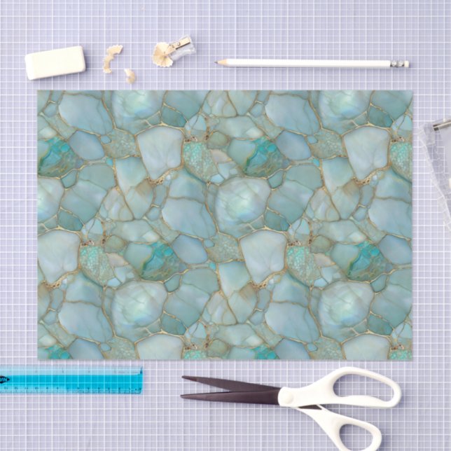 Papier Mousseline Aqua Teal Gold Watercolor Mosaic Sea Glass  (Artisanat)