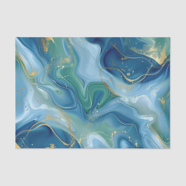 Papier Mousseline Aqua Teal Mint Gold Watercolor Abstract Decoupage  (Recto)
