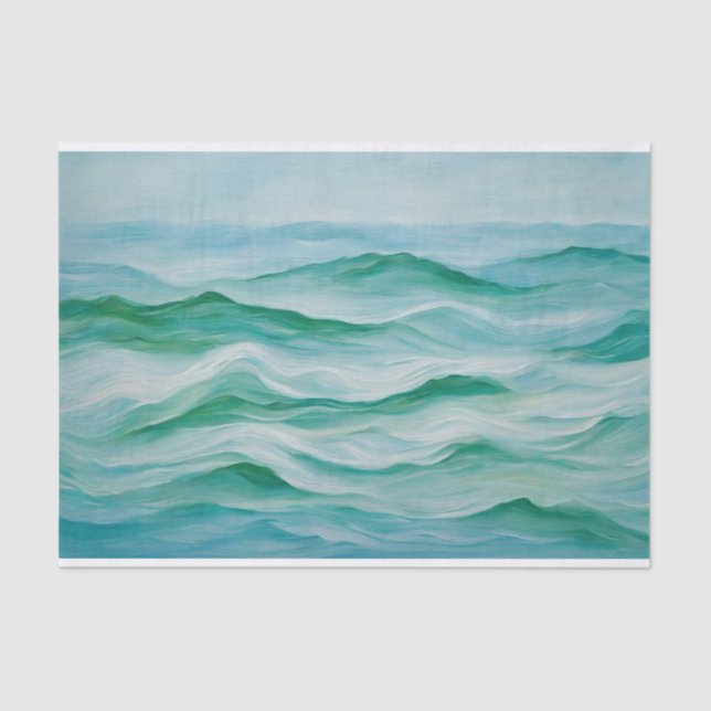 Papier Mousseline Aqua Vert et Océan Bleu, Vagues de Mer avec Ciel B (Recto)