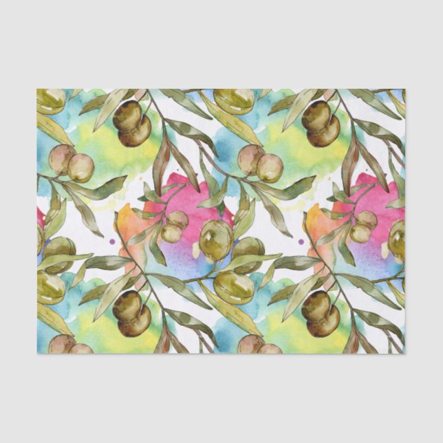 Papier Mousseline Aquarelle Abstraite Branches d'olive verte (Recto)