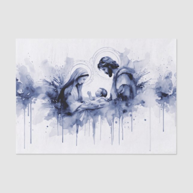 Papier Mousseline Aquarelle Abstraite Sainte Famille Tout Bleu (Recto)