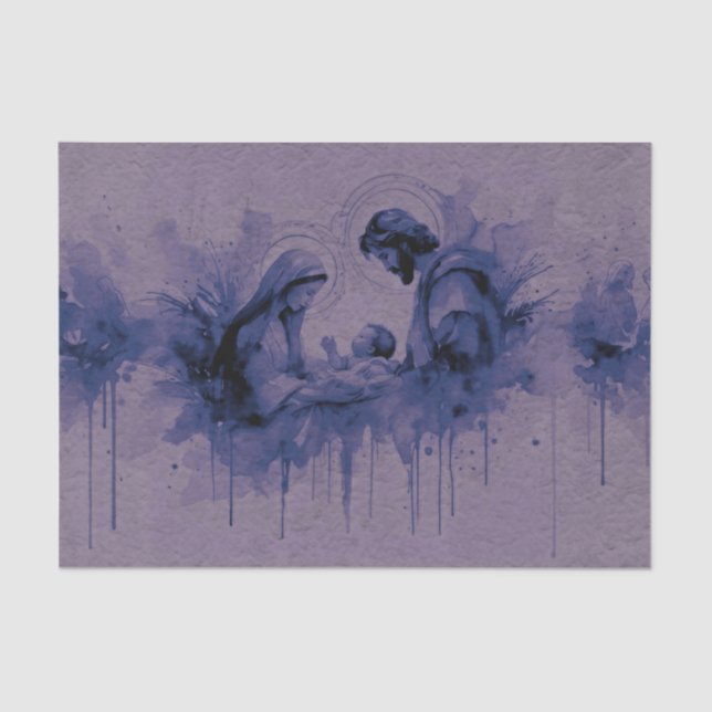 Papier Mousseline Aquarelle Abstraite Sainte Famille Violet Bleu (Recto)