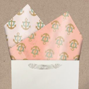 Papier Mousseline Aquarelle Ancre et dorures parsemées Coral