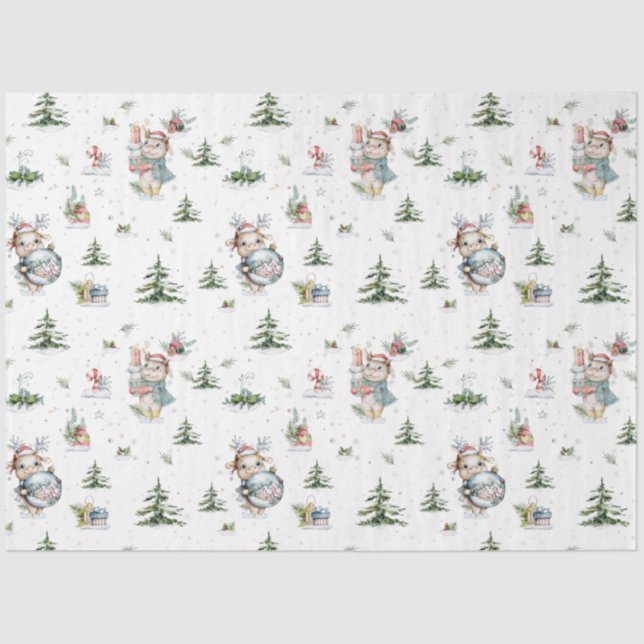 Papier Mousseline Aquarelle Bébé Reindeer Globe De Neige Pins Arbres (Recto)