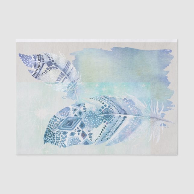 Papier Mousseline Aquarelle bleu Boho Plumes Papier Tissu (Recto)