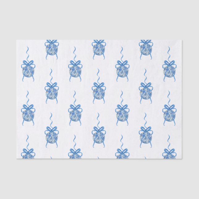 Papier Mousseline Aquarelle Bleu Chinoiserie Ornements Noël (Recto)