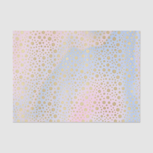 Papier Mousseline Aquarelle bleu clair, rose, violet et points or (Recto)