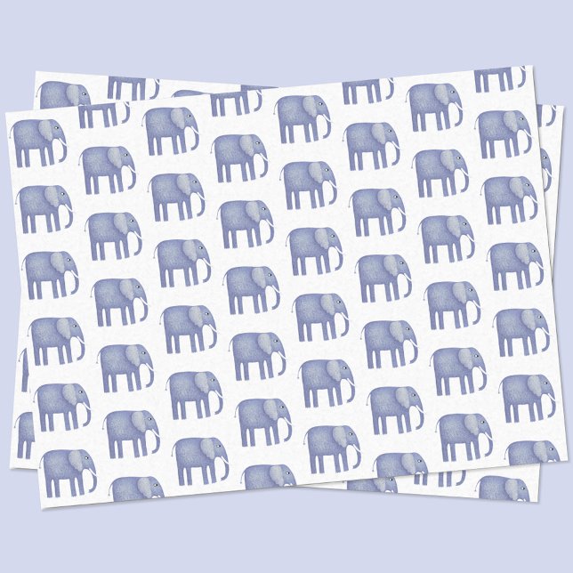Papier Mousseline Aquarelle bleu éléphant (Blue watercolor elephant pattern tissue paper)