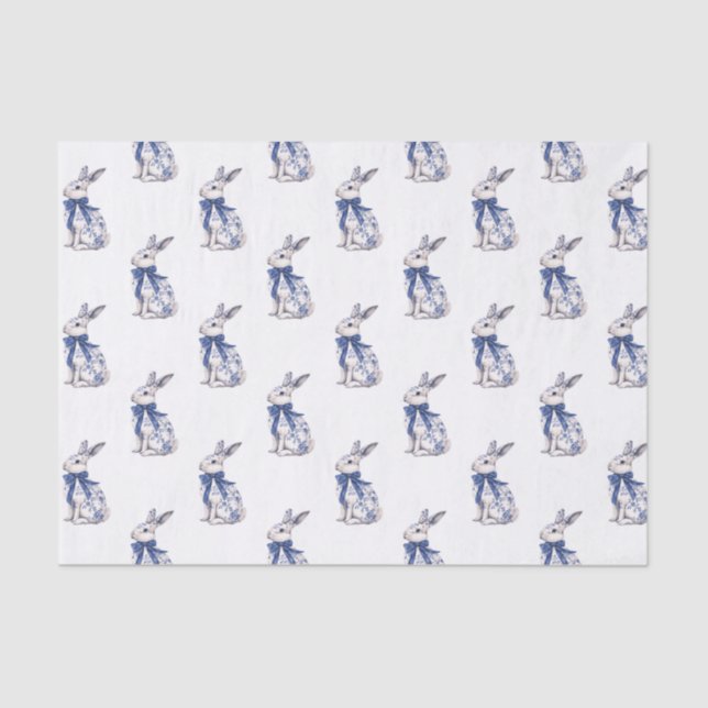 Papier Mousseline Aquarelle Bleu et blanc Chinoiserie Lapin Rabbit (Recto)
