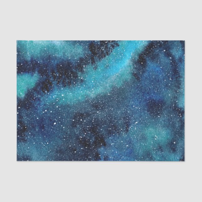 Papier Mousseline Aquarelle bleu et turquoise galaxie avec étoiles (Recto)