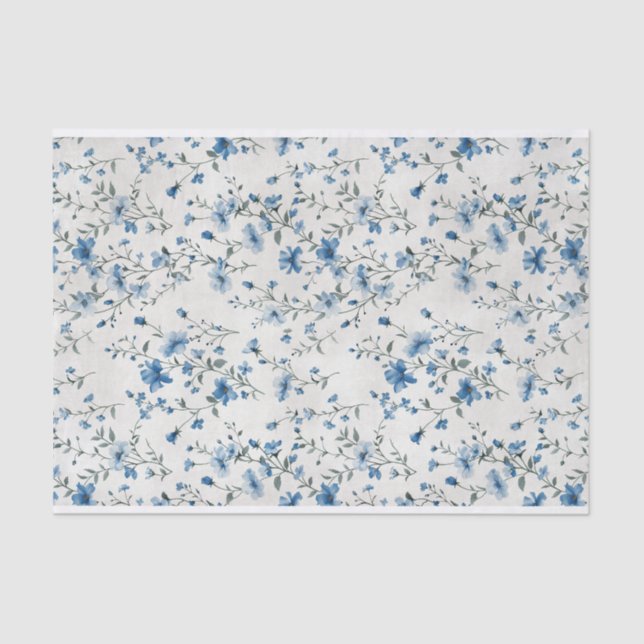 Papier Mousseline Aquarelle Bleu Fleurs botaniques Motif No 1 (Recto)