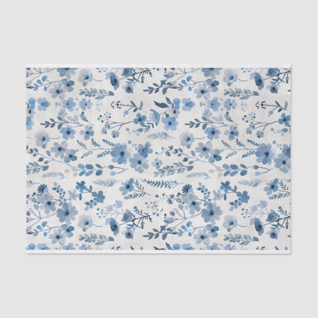 Papier Mousseline Aquarelle Bleu Fleurs botaniques Motif no 2 (Recto)