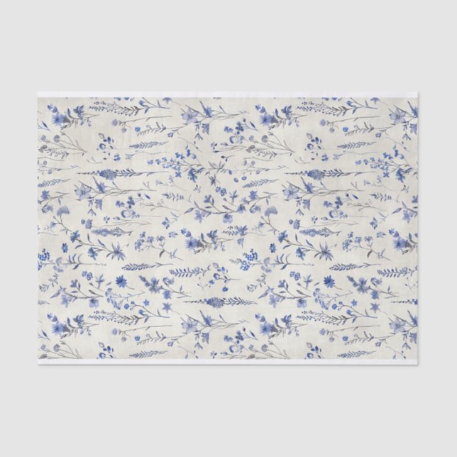 Papier Mousseline Aquarelle Bleu Fleurs botaniques Motif no 3 (Recto)
