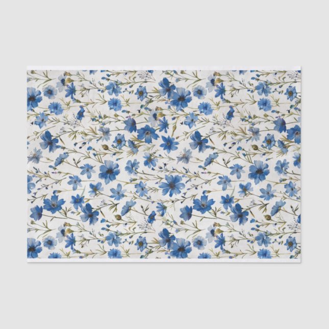 Papier Mousseline Aquarelle Bleu Fleurs botaniques Motif no 4 (Recto)