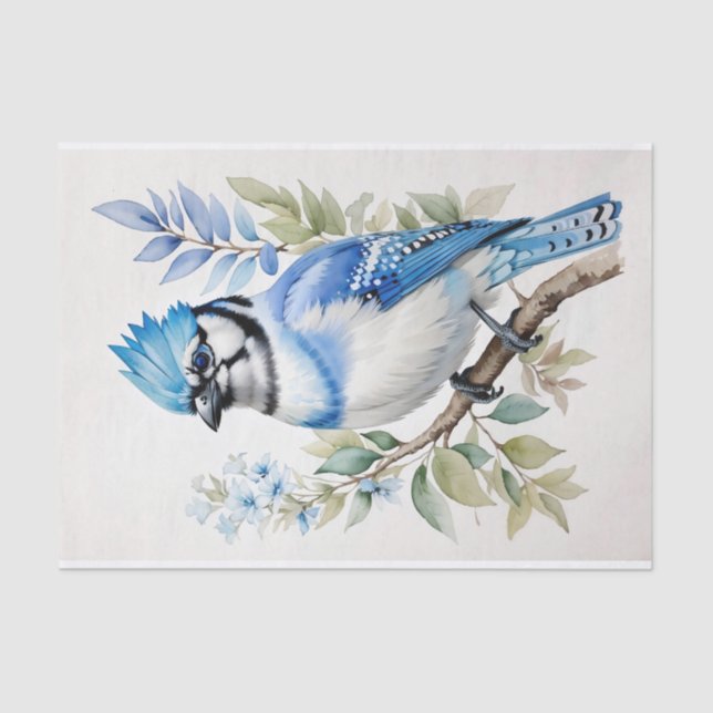 Papier Mousseline Aquarelle Bleu Jay Bird sur branche d'arbre (Recto)