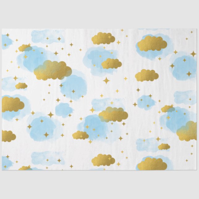 Papier Mousseline Aquarelle bleue Nuages Gold Stars Sky (Recto)