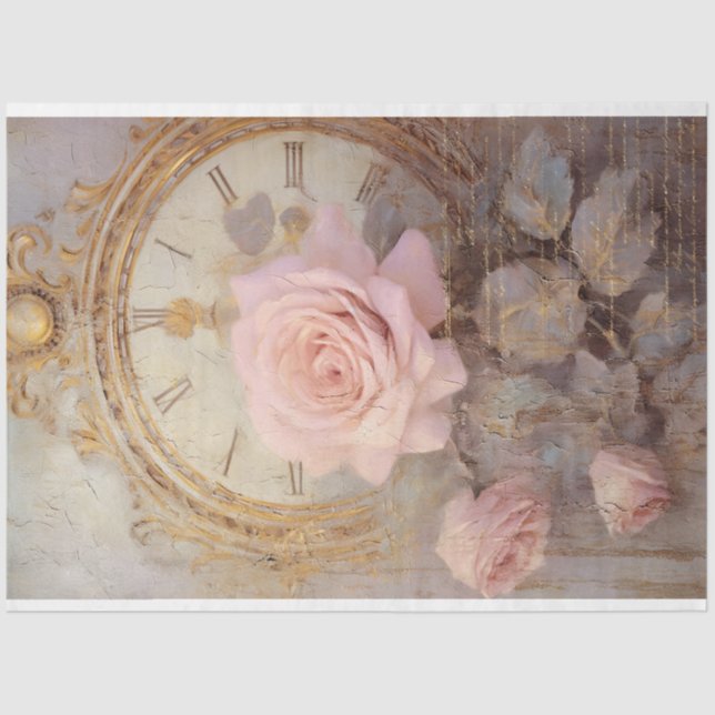 Papier Mousseline Aquarelle blush rose antique horloge or grunge (Recto)