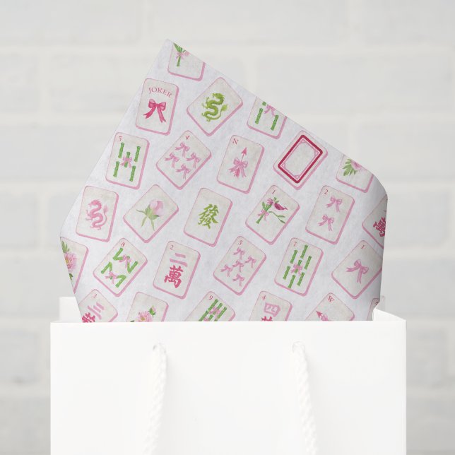 Papier Mousseline Aquarelle Bow Mahjong Rose & Vert (Sac cadeau)