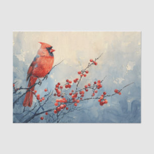 Papier Mousseline Aquarelle Cardinal Bird Red Berries Découpage