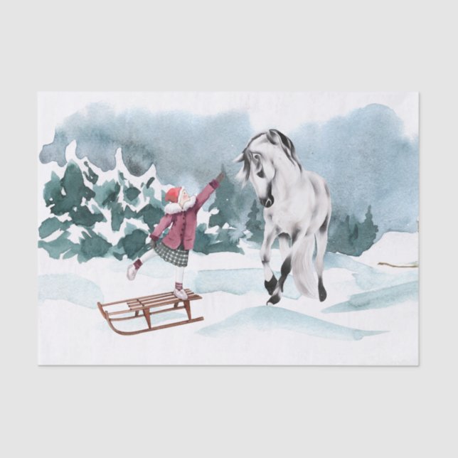 Papier Mousseline Aquarelle Cheval neige hiver avec fille (Recto)