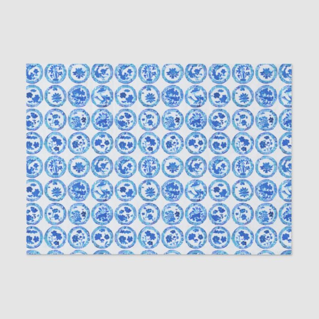 Papier Mousseline Aquarelle Chinoiserie Plaques Bleues Motif (Recto)