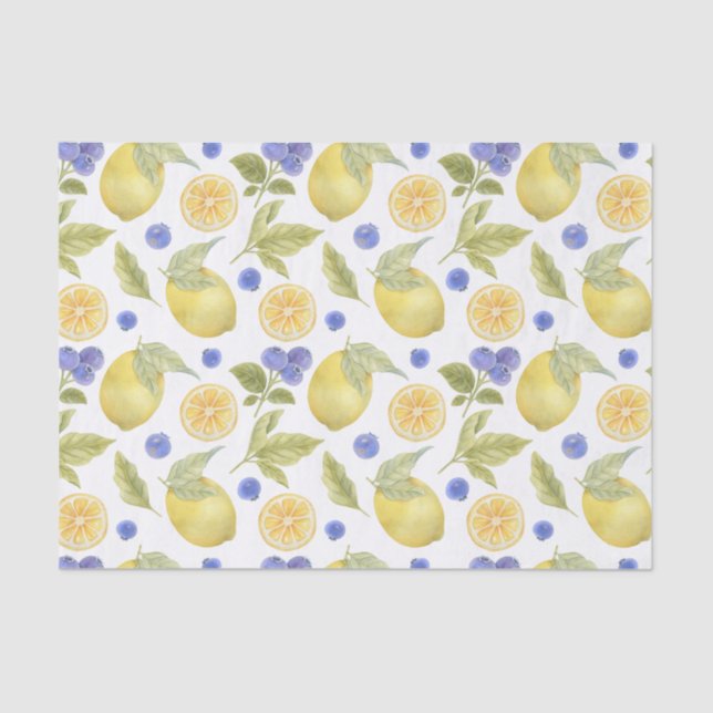 Papier Mousseline Aquarelle Citron et Fruit aux bleuets avec Feuille (Recto)