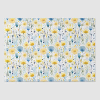 Papier Mousseline Aquarelle claire Floral Jaune et Bleu Botanique