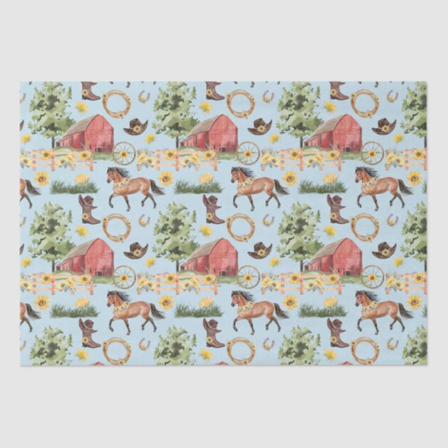 Papier Mousseline Aquarelle Country Horse ferme Red Barn Rodeo (Recto)