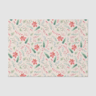 Papier Mousseline Aquarelle Crème de fleurs rouges vert de Noël
