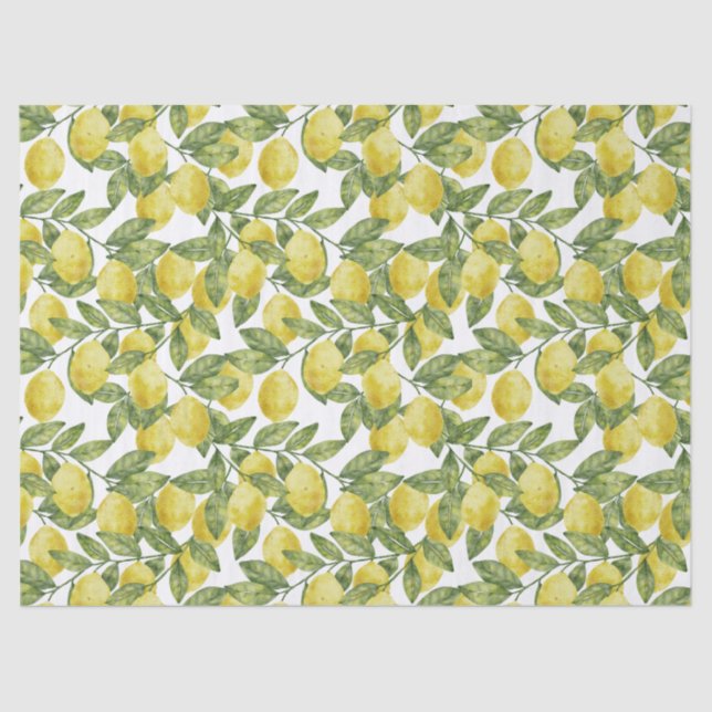 Papier Mousseline Aquarelle d'agrumes jaune citrons aux feuilles ver (Recto)