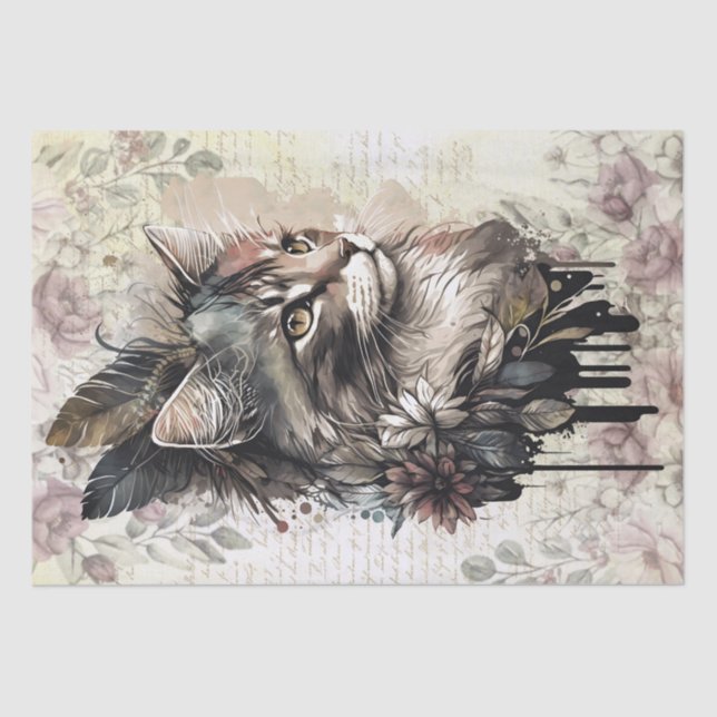 Papier Mousseline Aquarelle de chats floraux Boho (Recto)