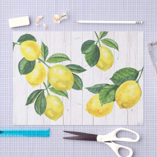 Papier Mousseline Aquarelle de citrons frais, bois blanc rustique (Artisanat)