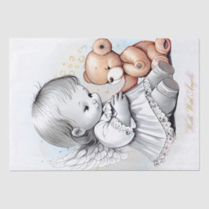 Papier Mousseline Aquarelle de l'ange bébé et de l'ours en peluche