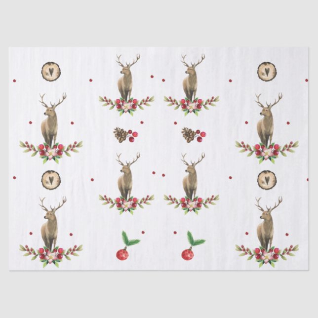 Papier Mousseline Aquarelle de Noël Motif de cerfs d'hiver (Recto)