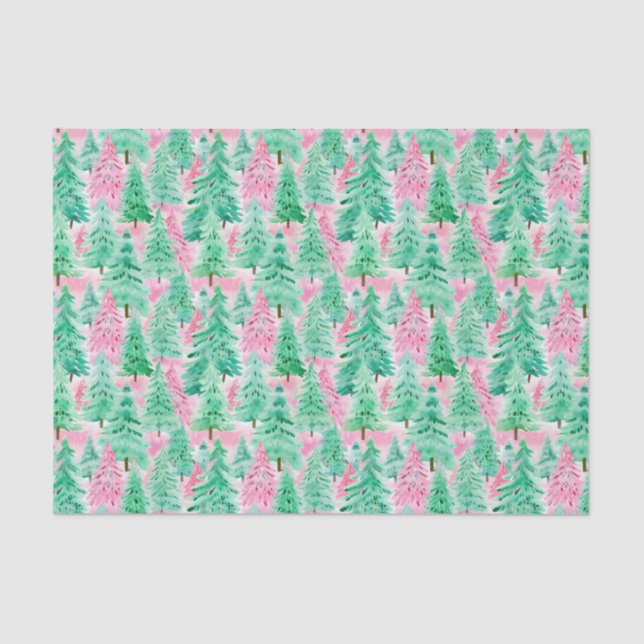 Papier Mousseline Aquarelle de Noël Palm Beach Pink & Green Trees (Recto)