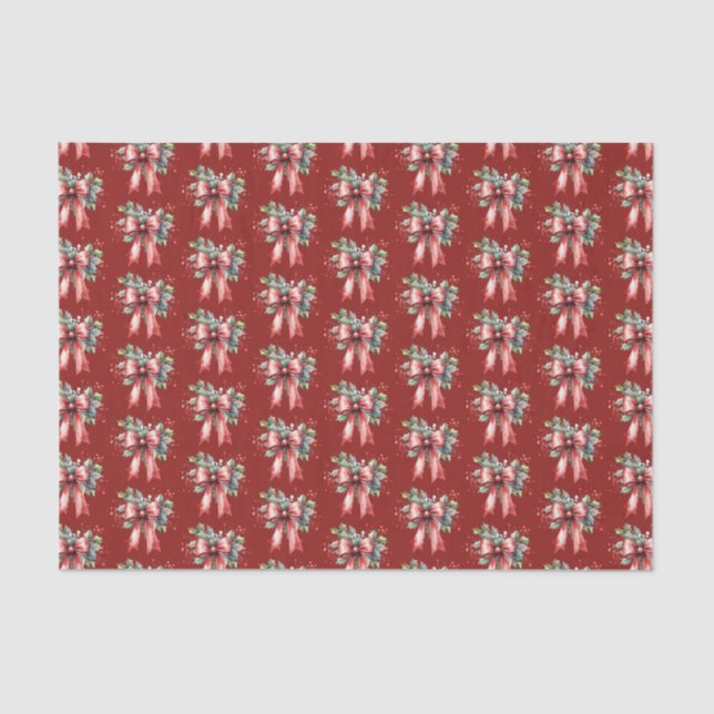 Papier Mousseline Aquarelle de Noël Rouge Bow Holly Motif (Recto)