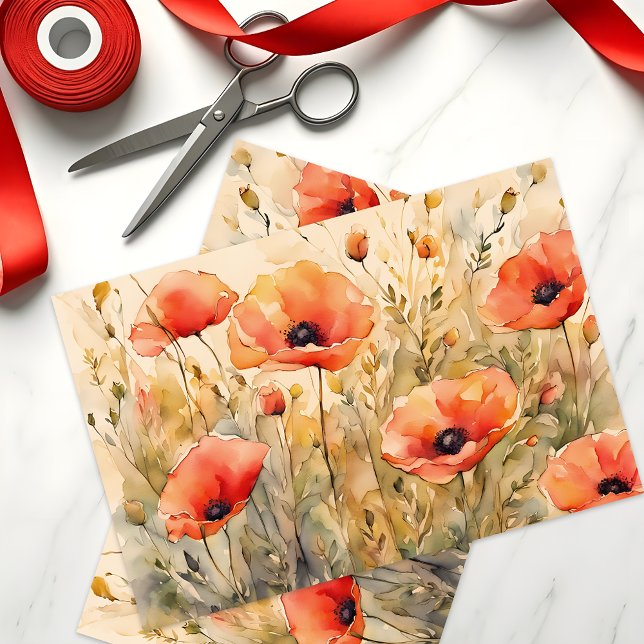 Papier Mousseline Aquarelle délicate Gras Orange Poppy Blooms (Créateur téléchargé)