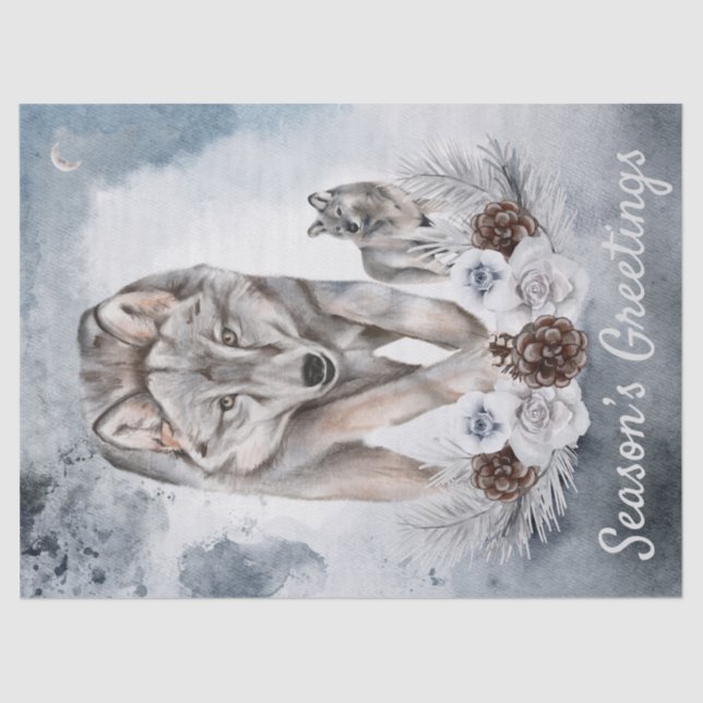 Papier Mousseline Aquarelle des loups Noël d'hiver (Recto)