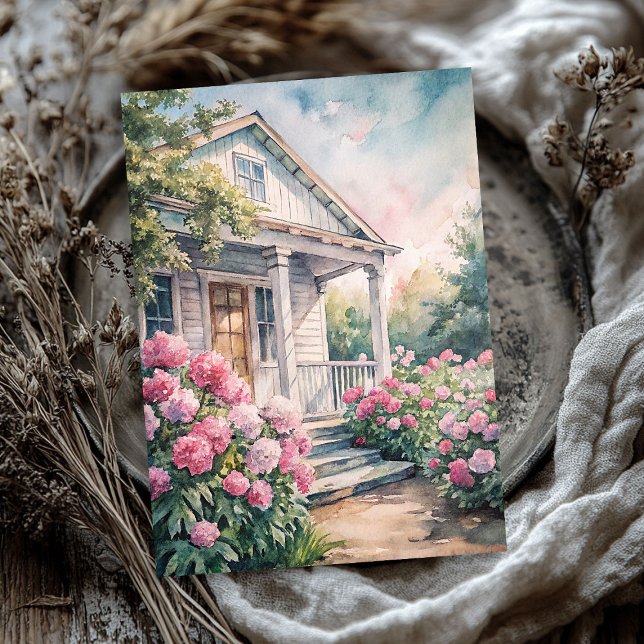 Papier Mousseline Aquarelle douillette maison blanche pivoines roses (Watercolor cozy white house pink peonies tissue paper)