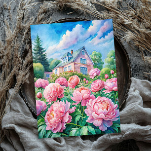 Papier Mousseline Aquarelle douillette maison blanche pivoines roses